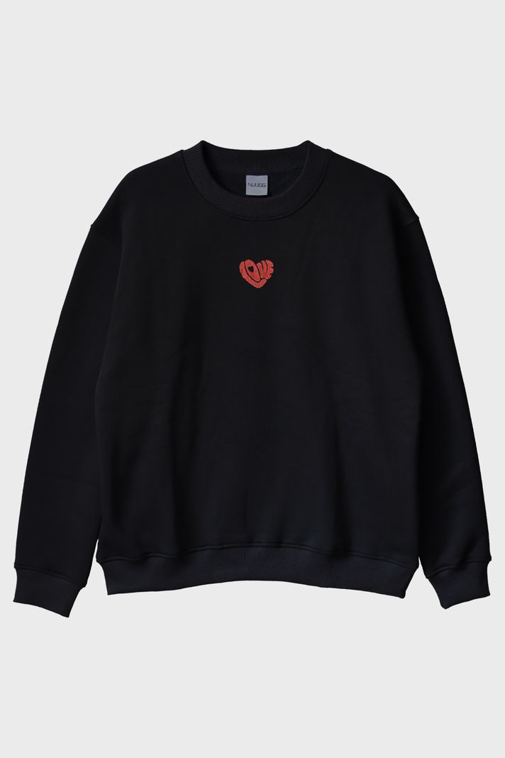 Love Kalbi Desenli Nakış Bisiklet Yaka Sweatshirt - Sevgililer Günü Tasarımı ön görsel