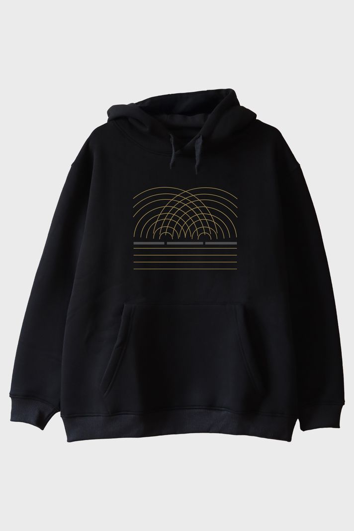 Çift Yarık Desenli Altın Çizgili Siyah Hoodie ön görsel
