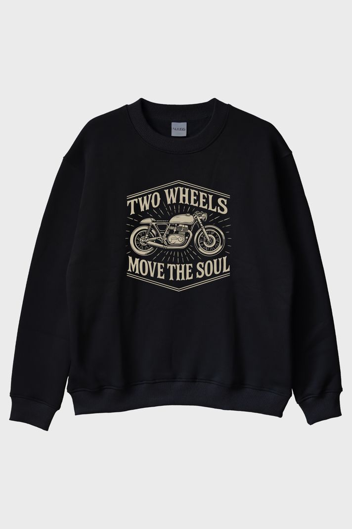 Two Wheels Move the Soul Motosiklet Tasarımlı Siyah Bisiklet Yaka Sweatshirt ön görsel