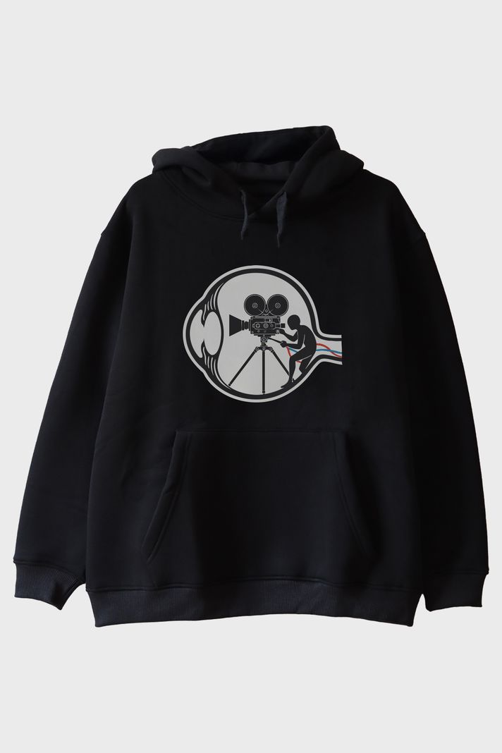 Eski Film Kamerası Baskılı Tasarım Siyah Hoodie ön görsel