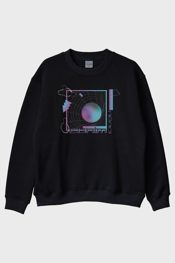 Evrim Ağacı Retro Geometrik Desenli Baskılı Siyah Bisiklet Yaka Sweatshirt ön görsel