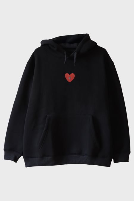 Kalpli Kilit Desenli Nakış Hoodie - Romantik Sevgili Kombini