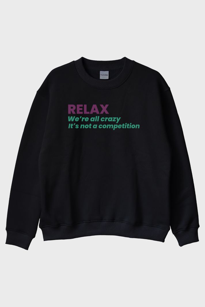 RELAX Mesajlı Minimal Baskılı Siyah Bisiklet Yaka Sweatshirt ön görsel