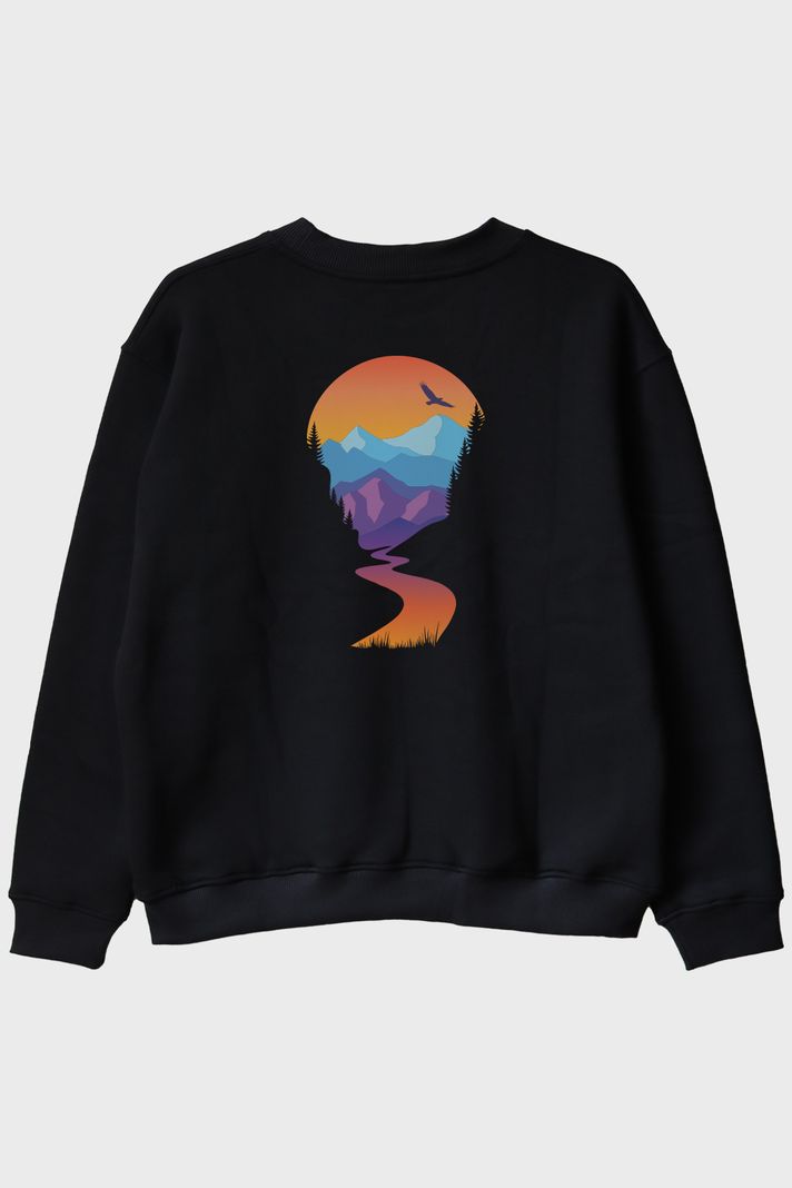Montain Baskılı Doğal Manzara Tasarım Siyah Bisiklet Yaka Sweatshirt arka görsel