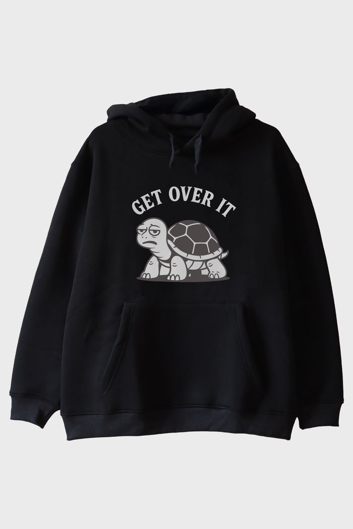 GET OVER IT Kaplumbağa Baskılı Siyah Hoodie ön görsel