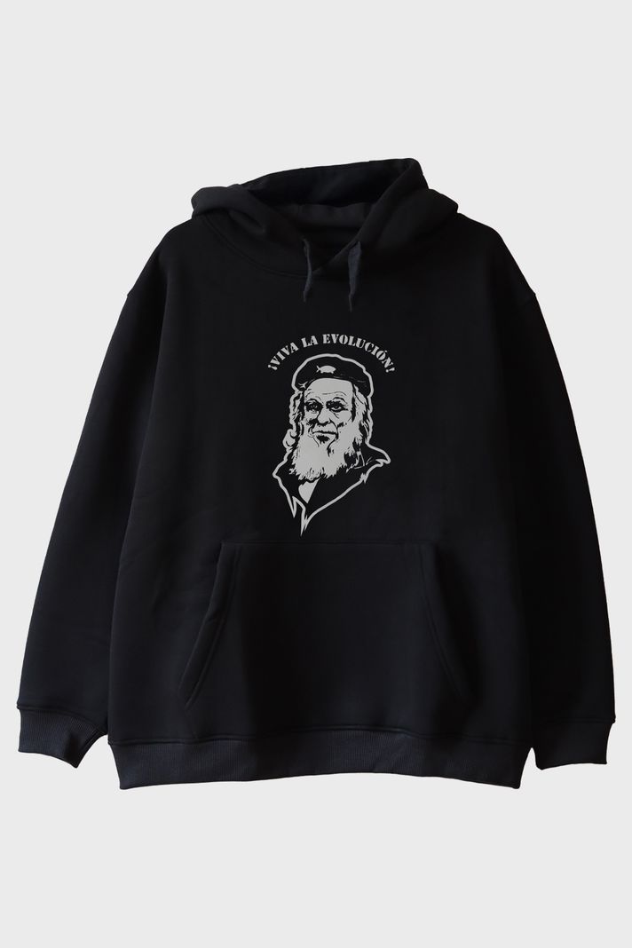 ¡Viva la Evolución! Baskılı Bilim Temalı Siyah Hoodie ön görsel