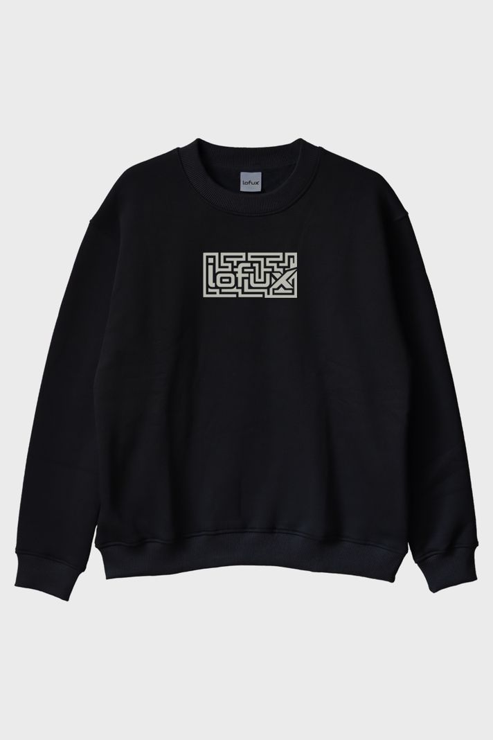 Labirent Desenli Siyah Bisiklet Yaka Sweatshirt ön görsel