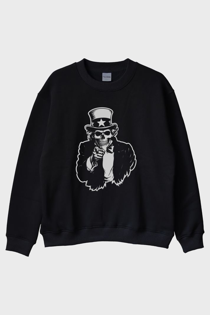 Şapkalı İskelet Baskılı Siyah Bisiklet Yaka Sweatshirt ön görsel