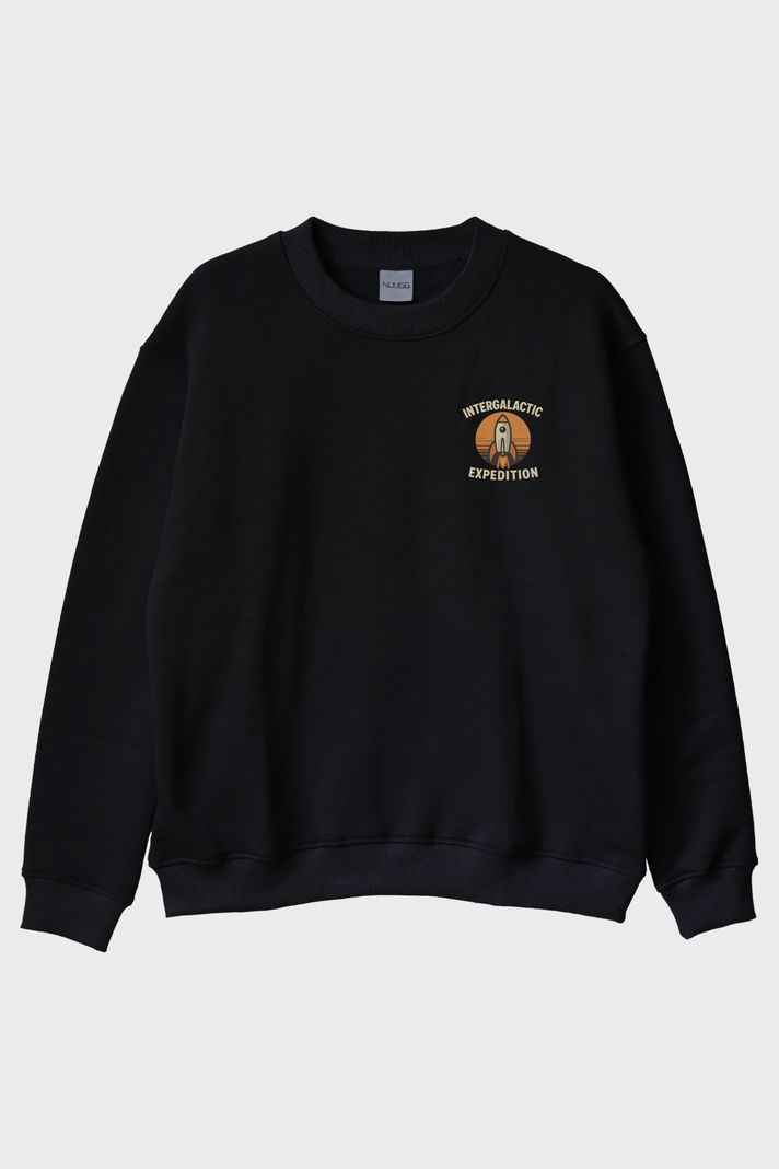 Intergalactic Expedition Siyah Bisiklet Yaka Sweatshirt ön görsel