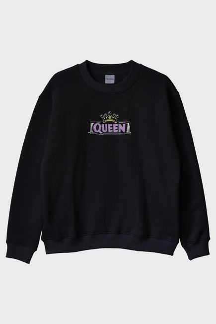 Queen Taç Siyah Bisiklet Yaka Sweatshirt