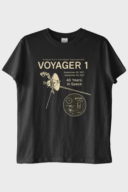 Uzay Keşfi Temalı Retro Voyager 1 Bilim Siyah Tişörtü