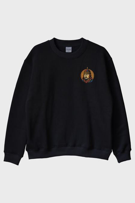 Cengiz Han Portreli Siyah Bisiklet Yaka Sweatshirt