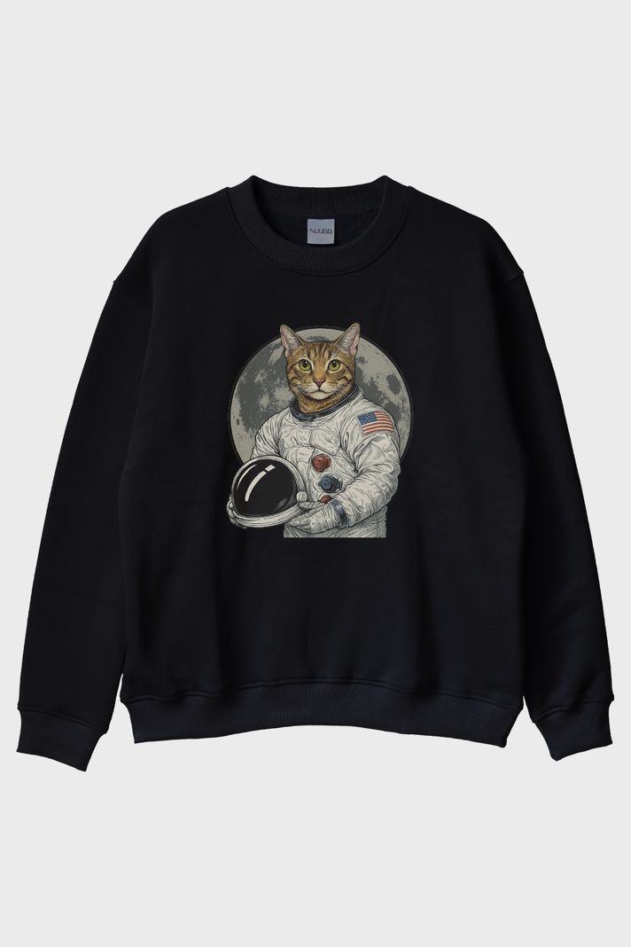 Astronot Kedi Siyah Bisiklet Yaka Sweatshirt ön görsel