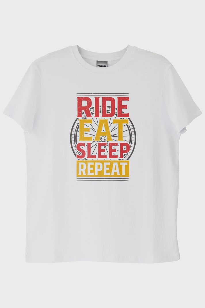 Ride Eat Sleep Repeat Baskılı Beyaz Tişört ön görsel