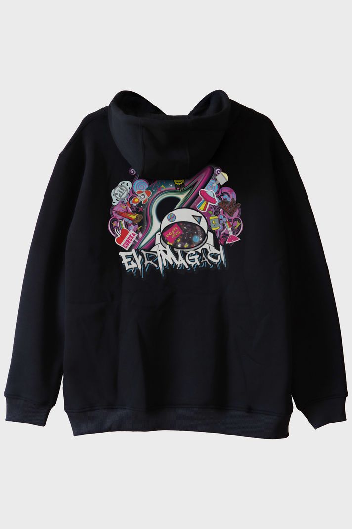 Astronot Evren Temalı Baskılı Bilim Siyah Hoodie arka görsel