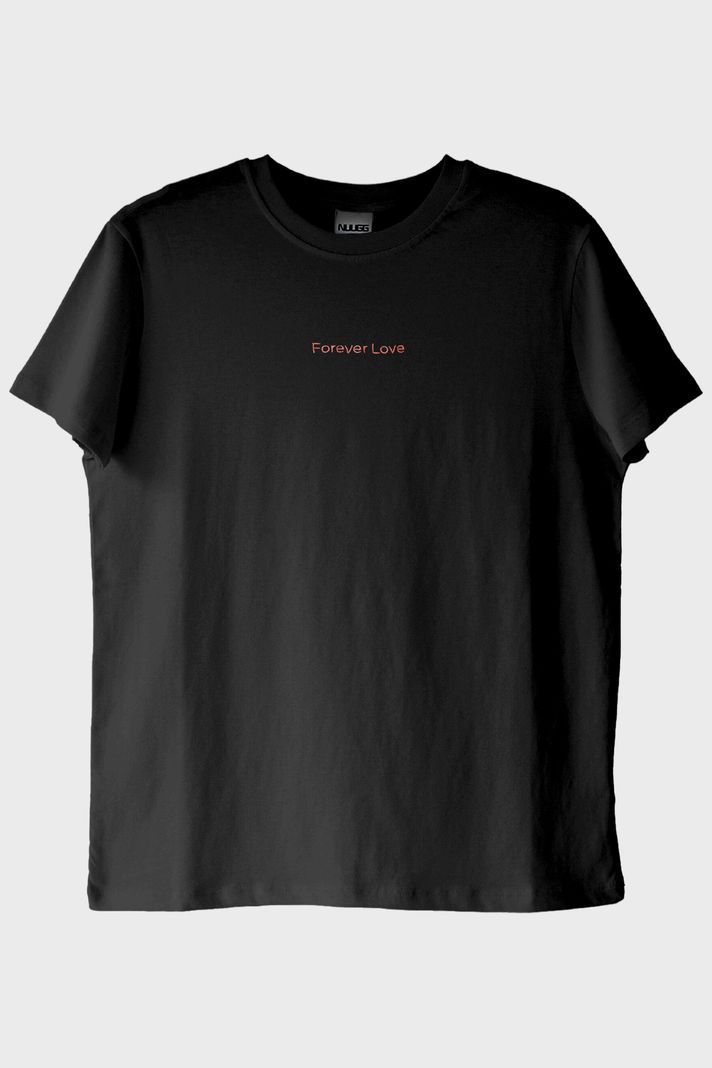 Forever Love Desenli Nakış Siyah T-Shirt - Sevgililer Günü Çift Tişörtleri ön görsel