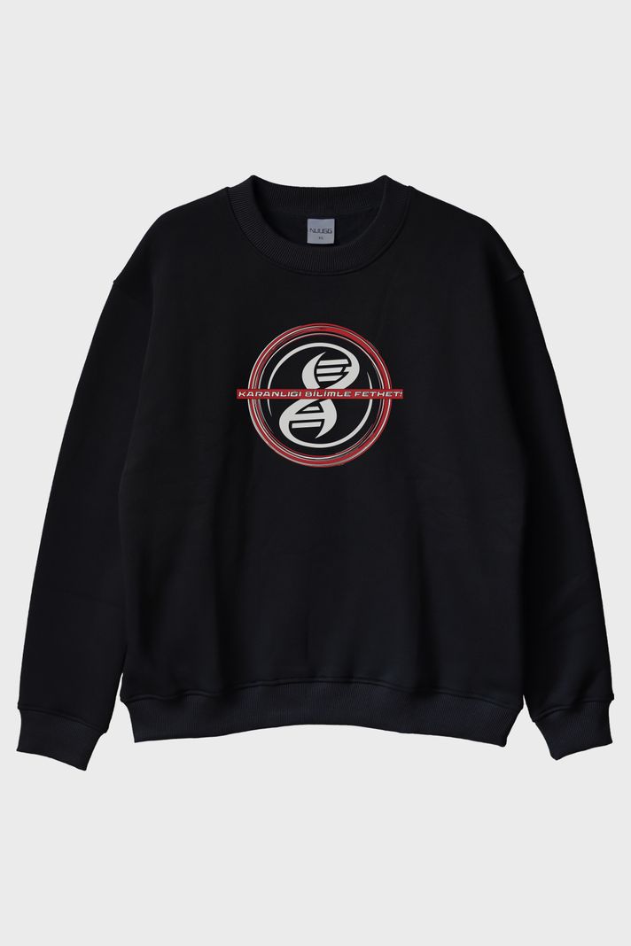 Karanlığı Bilimle Fethet Baskılı Siyah Bisiklet Yaka Sweatshirt ön görsel