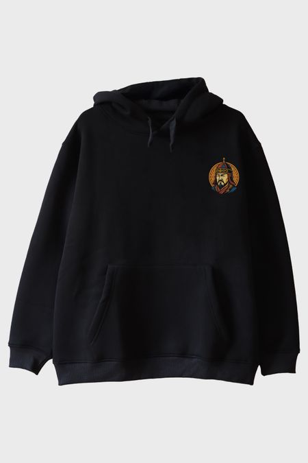 Cengiz Han Portreli Siyah Hoodie