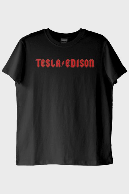 TESLA/EDISON Yıldırım Baskılı Gotik Tasarım Siyah Tişört