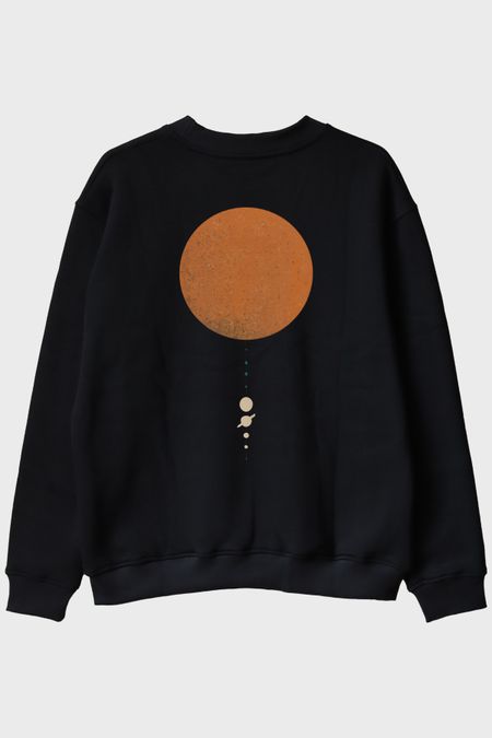 Minimalist Güneş Sistemi Tasarımlı Bilim Siyah Bisiklet Yaka Sweatshirtü