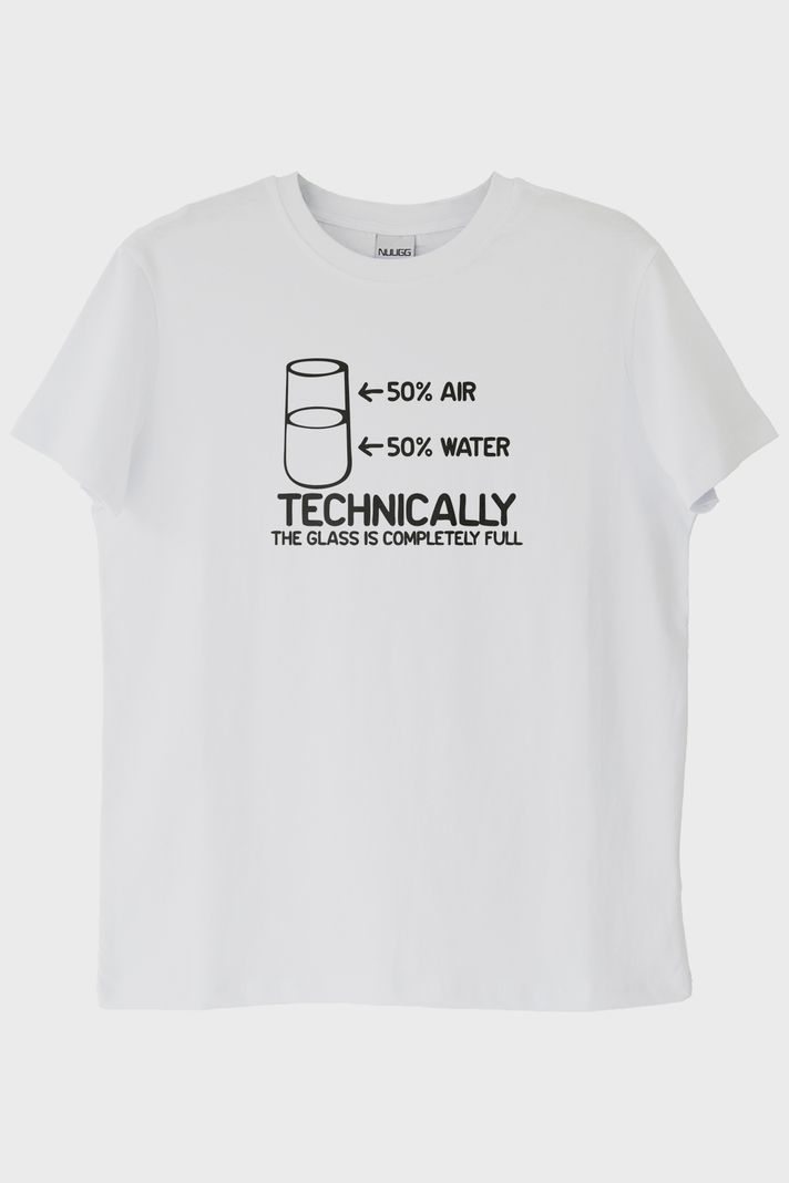 Technically The Glass Is Completely Full Baskılı Tasarım Beyaz Tişört ön görsel