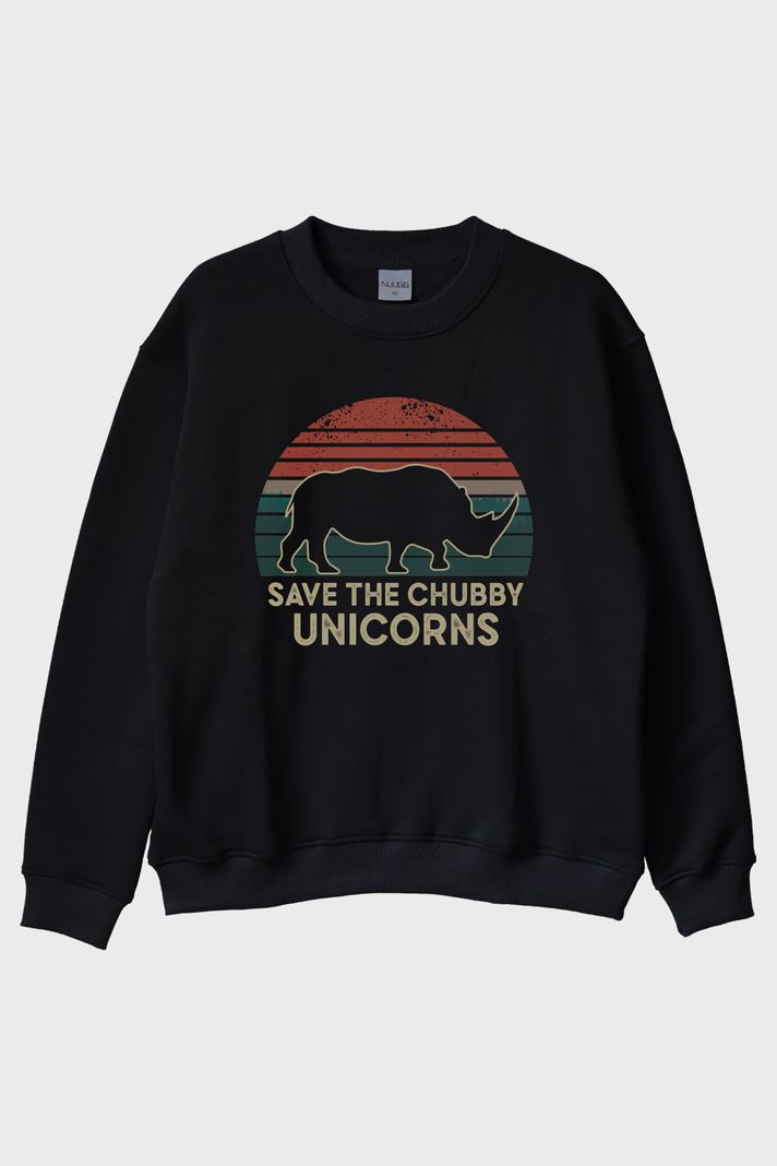 Save the Chubby Unicorns Retro Gergedan Baskılı Siyah Bisiklet Yaka Sweatshirt ön görsel