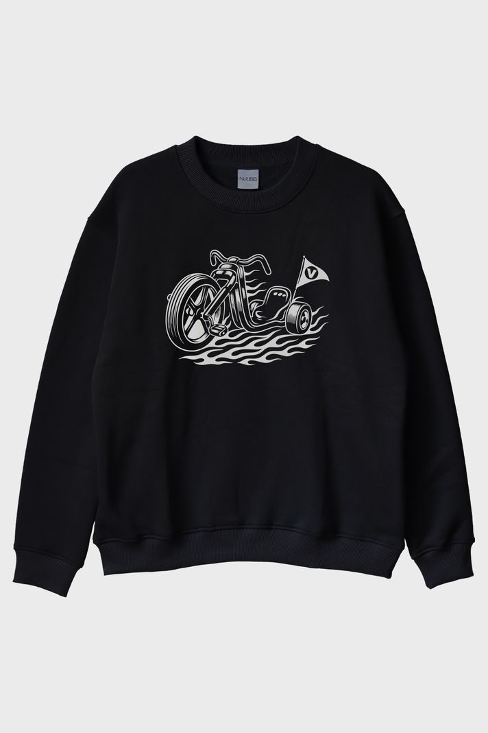Motorlu Bayrak Tasarımlı Biker Siyah Bisiklet Yaka Sweatshirt ön görsel