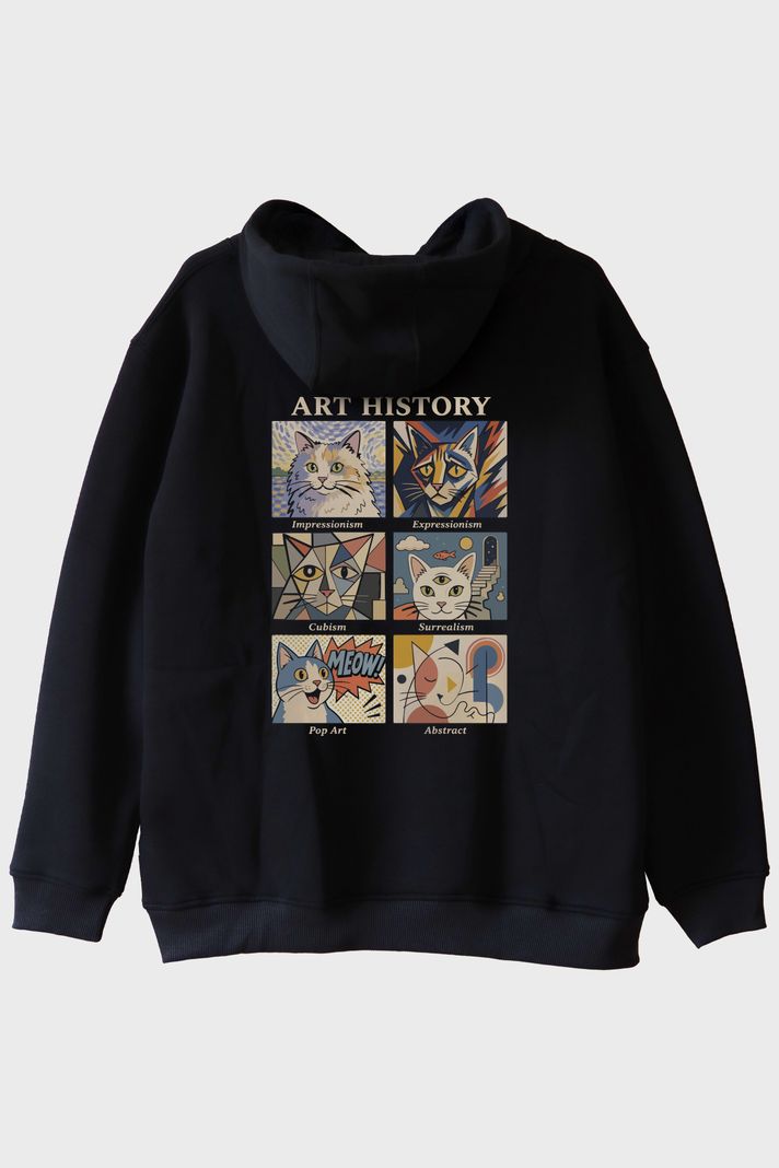 Feline Art History Siyah Hoodie arka görsel