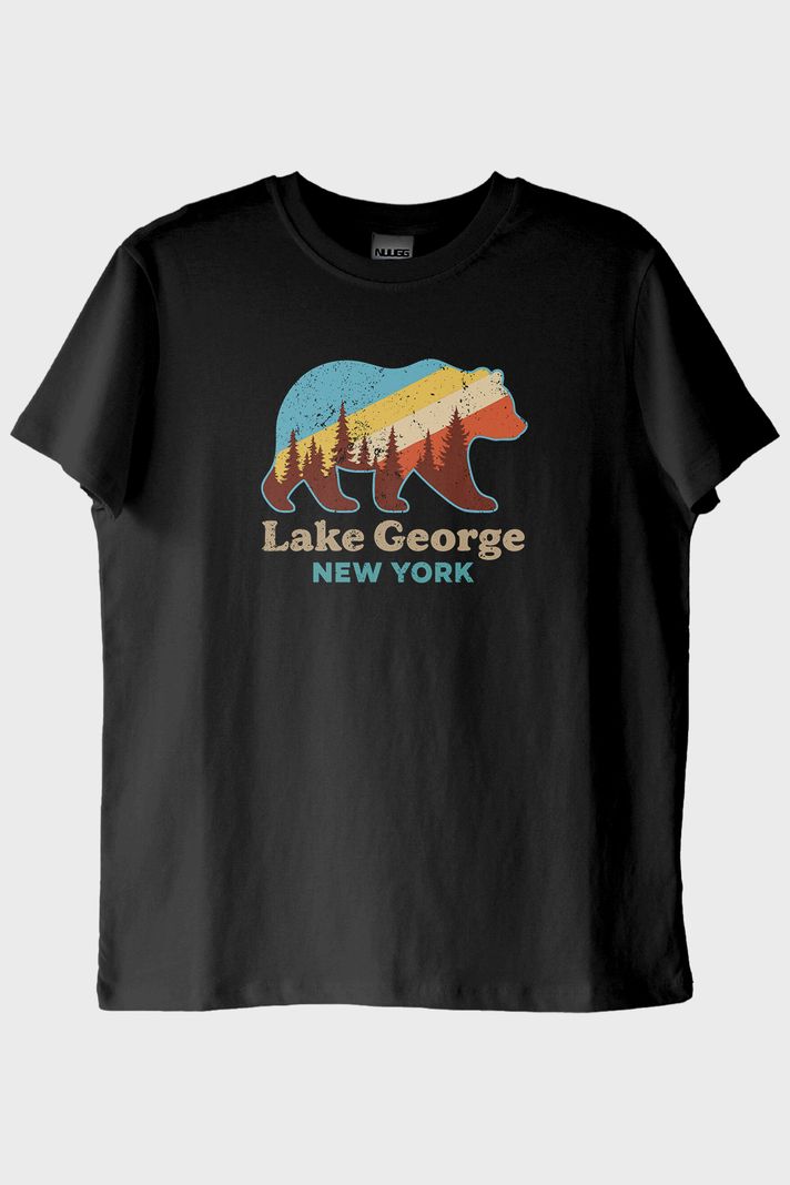 Lake George New York Ayı Siluetli Baskılı Siyah Tişört ön görsel