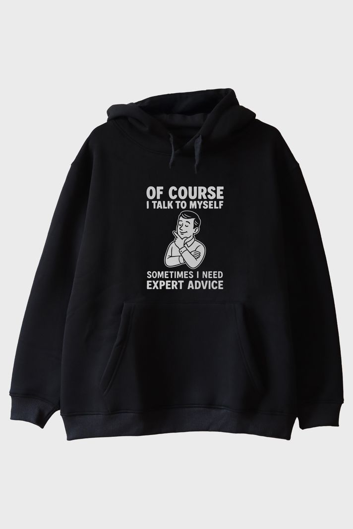 Of Course I Talk to Myself Baskılı Siyah Hoodie ön görsel