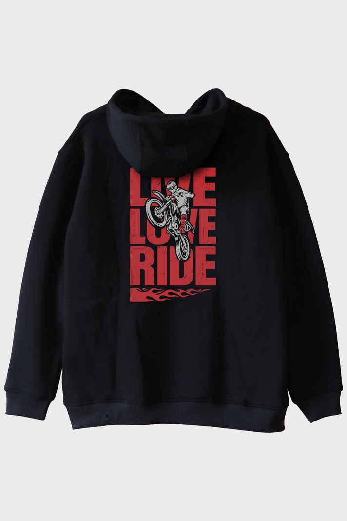 Live Love Ride Baskılı Motosiklet Siyah Hoodie arka görsel