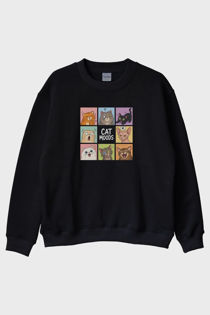 Cat Moods Siyah Bisiklet Yaka Sweatshirt ön görsel