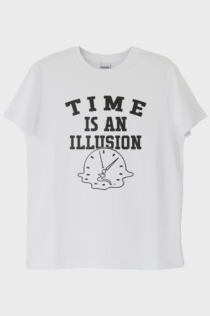 Time is an Illusion Baskılı Minimalist Beyaz Tişört ön görsel