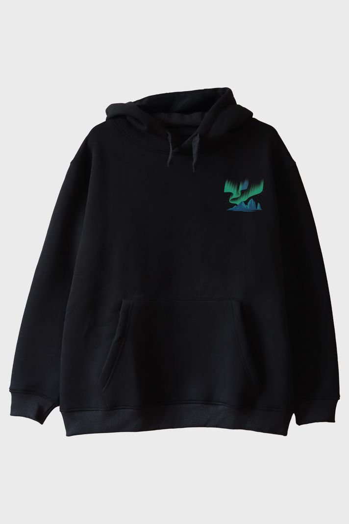 Aurora Borealis Kuzey Işıkları Tasarımlı Siyah Hoodie ön görsel