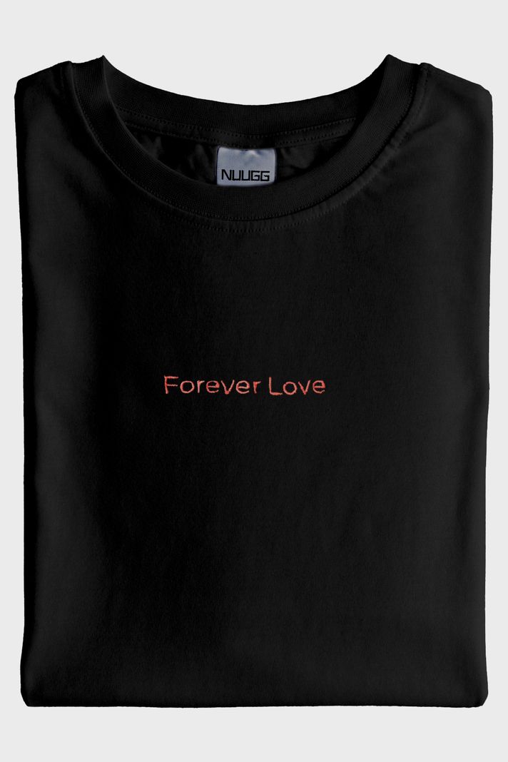 Forever Love Desenli Nakış Siyah T-Shirt - Sevgililer Günü Çift Tişörtleri - 4. görsel
