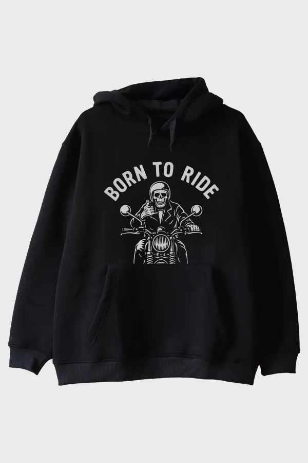 BORN TO RIDE Motosiklet Temalı Baskılı Siyah Hoodie