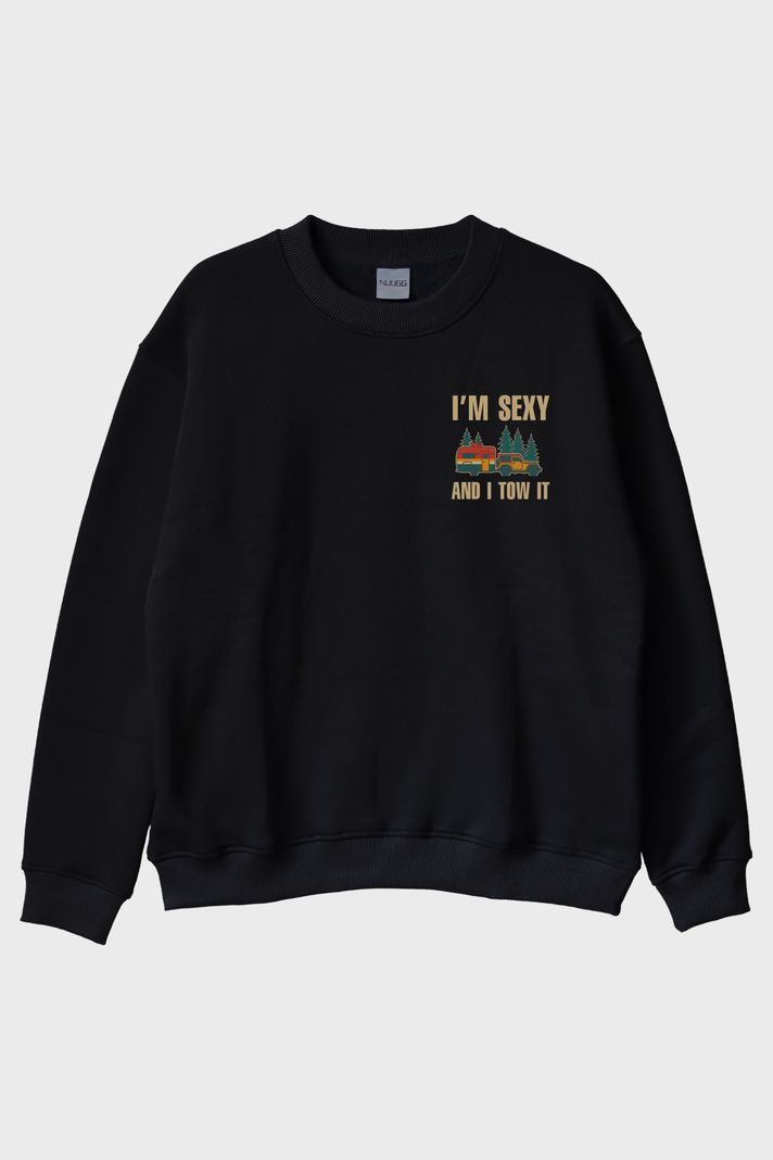 I'M SEXY AND I TOW IT Karavan Baskılı Siyah Bisiklet Yaka Sweatshirt ön görsel