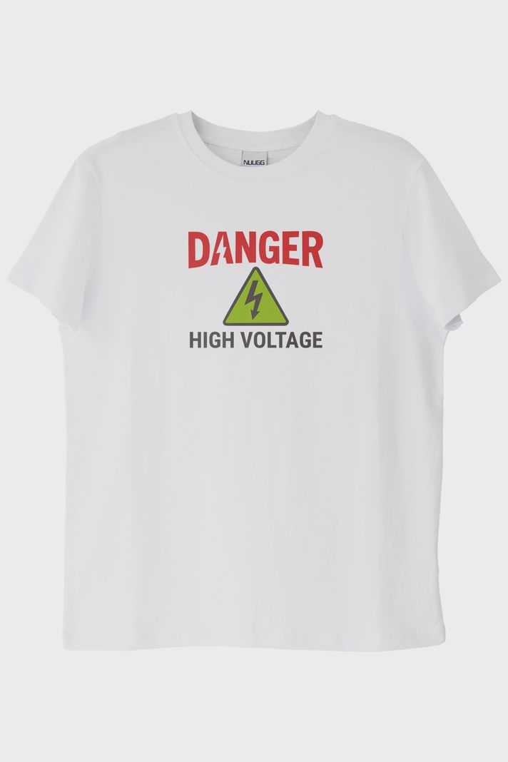 DANGER Temalı Yüksek Gerilim Tasarımlı Beyaz Tişört ön görsel
