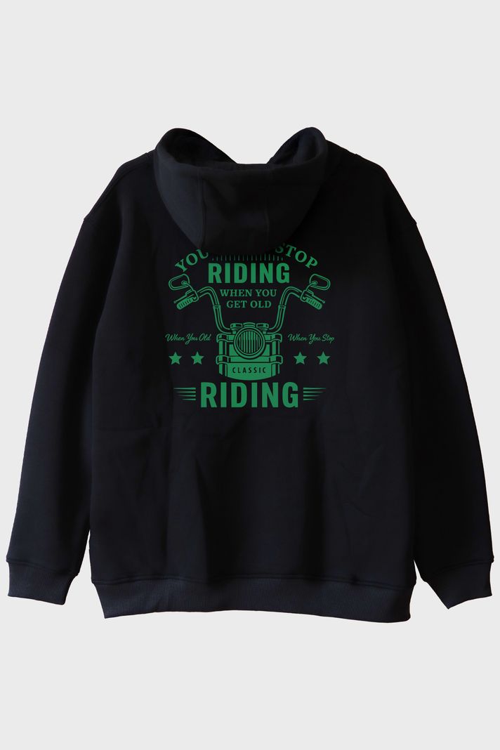 You Don't Stop Riding Motosiklet Tutkunu Siyah Hoodie arka görsel