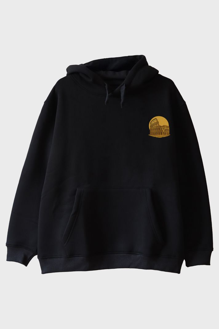 Colosseum Figürlü Siyah Hoodie ön görsel
