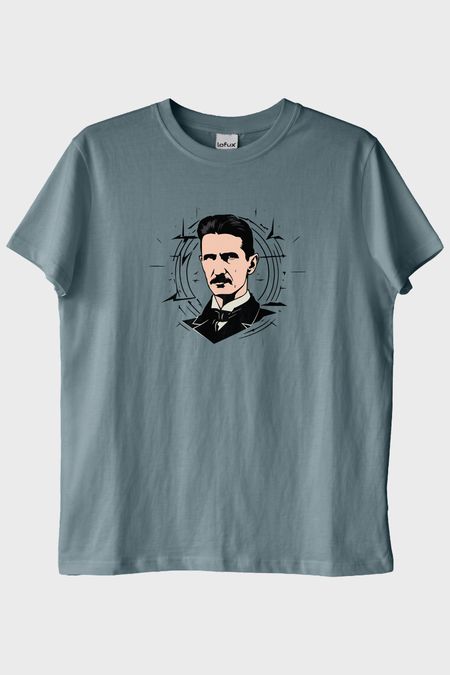 Nikola Tesla İllüstrasyon Baskılı Tasarım Mavi Tişört