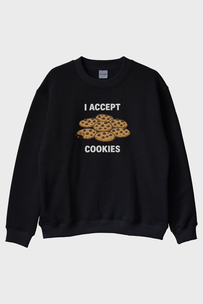 I Accept Cookies Baskılı Mizahi Siyah Bisiklet Yaka Sweatshirt ön görsel