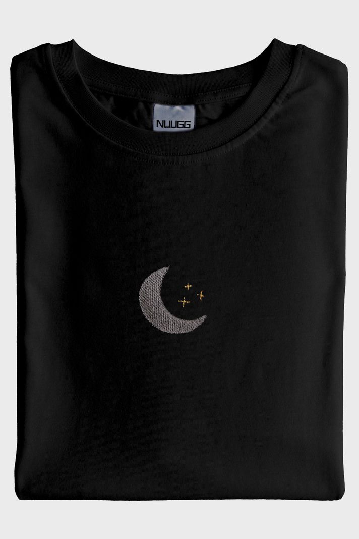 Ay ve Güneş Desenli Nakışlı Çift Kombin Siyah T-Shirt - 7. görsel