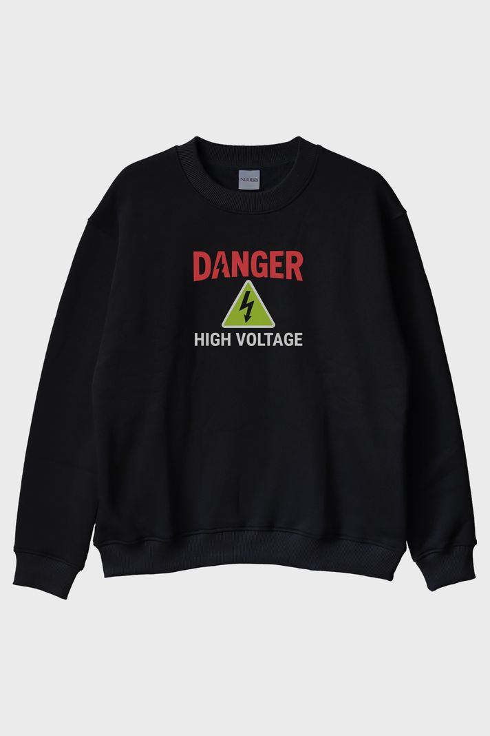 DANGER Temalı Yüksek Gerilim Tasarımlı Siyah Bisiklet Yaka Sweatshirt ön görsel