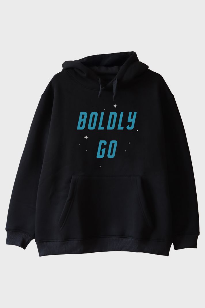 Boldly Go Baskılı Uzay Temalı Siyah Hoodie ön görsel