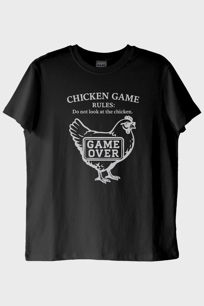 Chicken GAME Tavuk Tasarımlı Baskılı Siyah Tişört ön görsel
