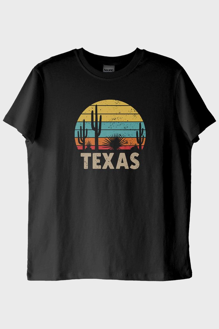 Texas Retro Doğa Baskılı Siyah Tişört ön görsel