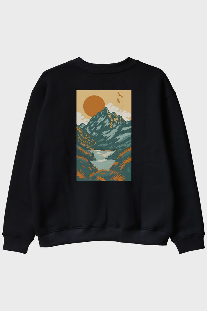 Doğa Manzaralı Turuncu Güneşli Baskılı Siyah Bisiklet Yaka Sweatshirt arka görsel