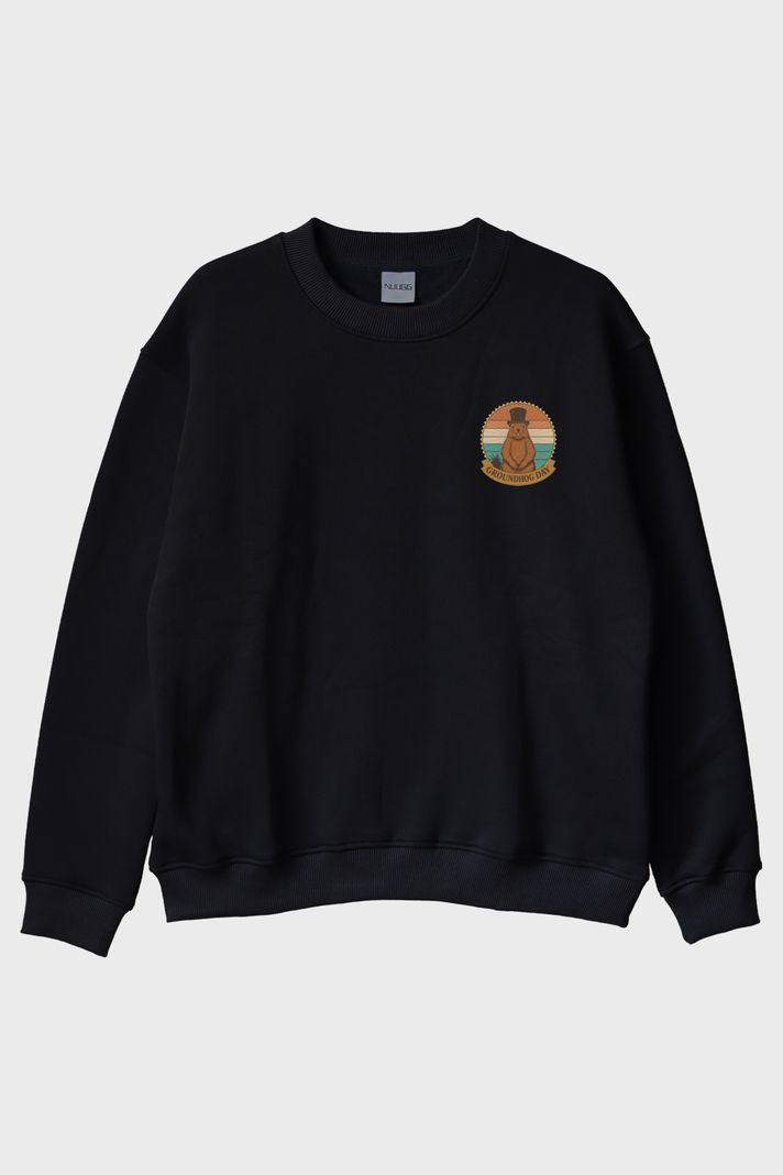 Groundhog Day Retro Baskılı Tasarım Siyah Bisiklet Yaka Sweatshirt ön görsel