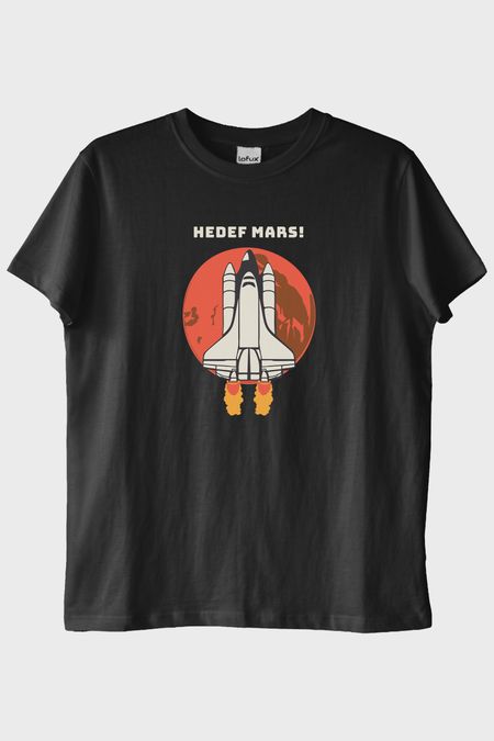 HEDEF MARS! Baskılı Uzay Temalı Siyah Tişört